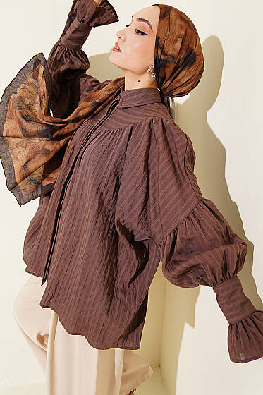 Balon Kol Manşetli Gömlek Kahve - Gömlek