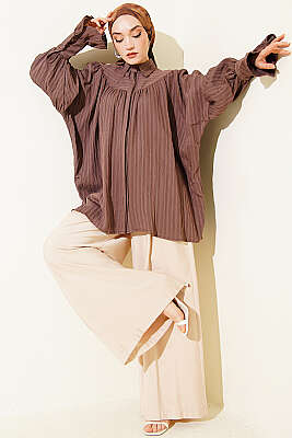 Balon Kol Manşetli Gömlek Kahve - Gömlek