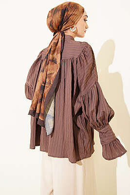 Balon Kol Manşetli Gömlek Kahve - Gömlek