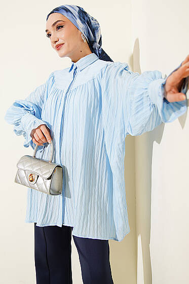 Balon Kol Manşetli Gömlek Mavi - Gömlek