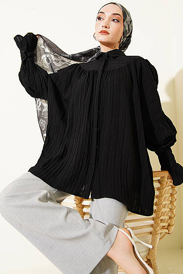 Balon Kol Manşetli Gömlek Siyah - Gömlek