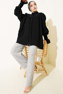 Balon Kol Manşetli Gömlek Siyah - Gömlek