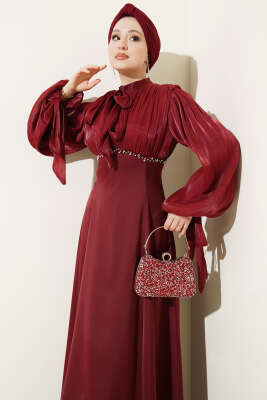Balon Kol Mini Taşlı Abiye Elbise Bordo - Elbise