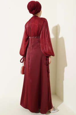 Balon Kol Mini Taşlı Abiye Elbise Bordo - Elbise