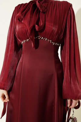 Balon Kol Mini Taşlı Abiye Elbise Bordo - Elbise