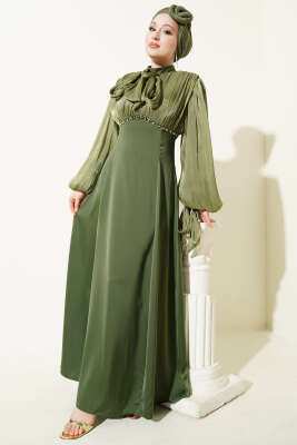 Balon Kol Mini Taşlı Abiye Elbise Haki - CNR TEKSTİL