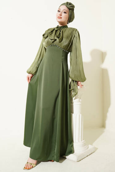 Balon Kol Mini Taşlı Abiye Elbise Haki - Elbise