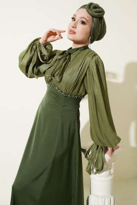 Balon Kol Mini Taşlı Abiye Elbise Haki - Elbise