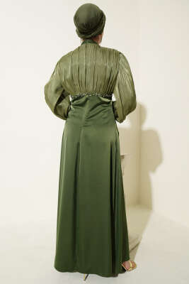 Balon Kol Mini Taşlı Abiye Elbise Haki - Elbise