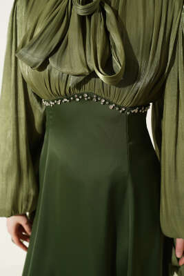 Balon Kol Mini Taşlı Abiye Elbise Haki - Elbise