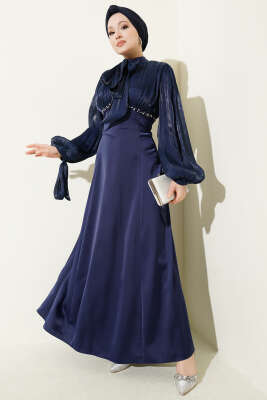 Balon Kol Mini Taşlı Abiye Elbise Lacivert - CNR TEKSTİL
