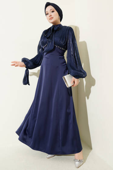 Balon Kol Mini Taşlı Abiye Elbise Lacivert - Elbise