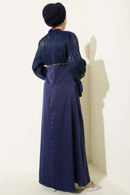 Balon Kol Mini Taşlı Abiye Elbise Lacivert - Elbise