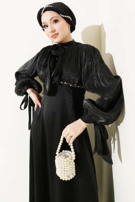 Balon Kol Mini Taşlı Abiye Elbise Siyah - CNR TEKSTİL