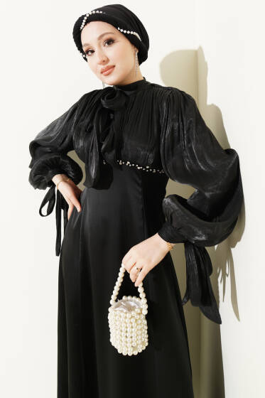 Balon Kol Mini Taşlı Abiye Elbise Siyah - Elbise