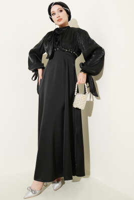 Balon Kol Mini Taşlı Abiye Elbise Siyah - Elbise