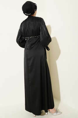 Balon Kol Mini Taşlı Abiye Elbise Siyah - Elbise