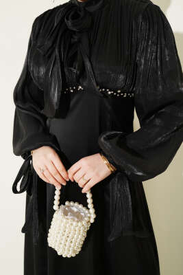 Balon Kol Mini Taşlı Abiye Elbise Siyah - Elbise