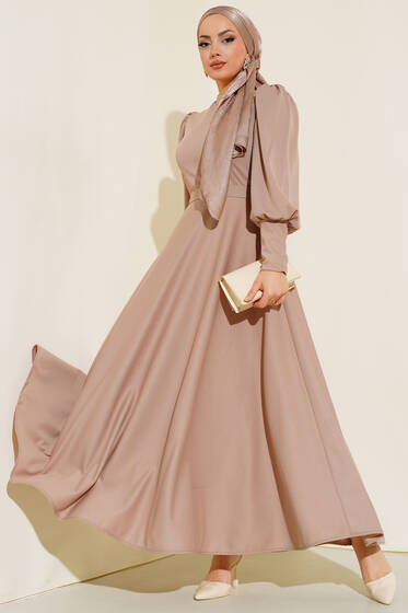 Balon Kol Omuz Pileli Elbise Bej - Tesettür Elbise
