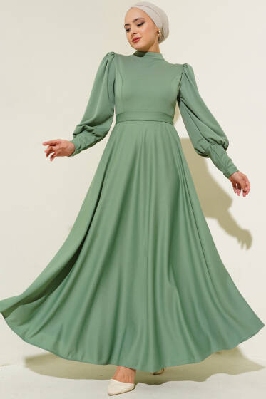 Balon Kol Omuz Pileli Elbise Çağla Yeşili - Elbise