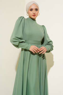 Balon Kol Omuz Pileli Elbise Çağla Yeşili - Tesettür Elbise
