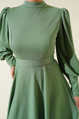 Balon Kol Omuz Pileli Elbise Çağla Yeşili - Tesettür Elbise