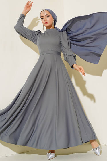 Balon Kol Omuz Pileli Elbise Gri - Tesettür Elbise