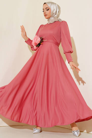 Balon Kol Omuz Pileli Elbise Gül Kurusu - Tesettür Elbise