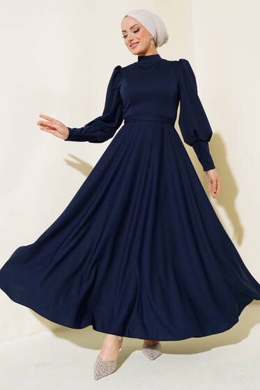 Balon Kol Omuz Pileli Elbise Lacivert - Elbise
