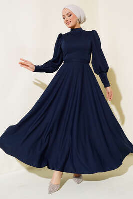 Balon Kol Omuz Pileli Elbise Lacivert 