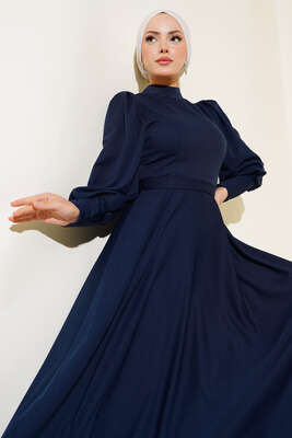 Balon Kol Omuz Pileli Elbise Lacivert - Tesettür Elbise