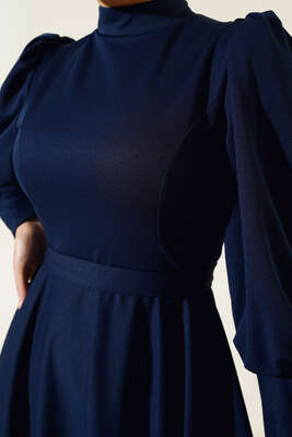 Balon Kol Omuz Pileli Elbise Lacivert - Tesettür Elbise