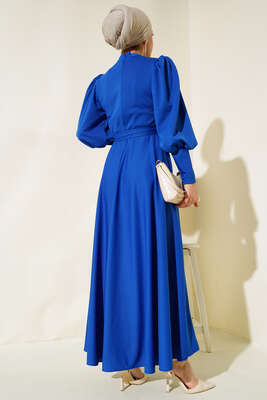 Balon Kol Omuz Pileli Elbise Saks - Tesettür Elbise