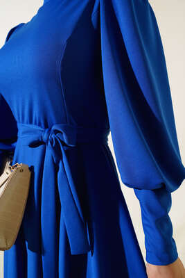 Balon Kol Omuz Pileli Elbise Saks - Tesettür Elbise