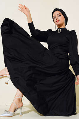 Balon Kol Omuz Pileli Elbise Siyah - Thumbnail