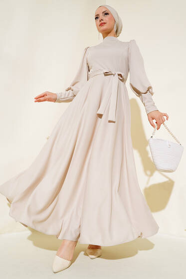 Balon Kol Omuz Pileli Elbise Taş - Elbise