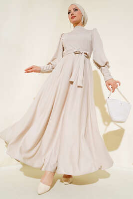 Balon Kol Omuz Pileli Elbise Taş 