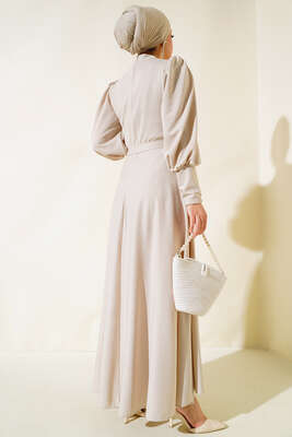 Balon Kol Omuz Pileli Elbise Taş - Tesettür Elbise