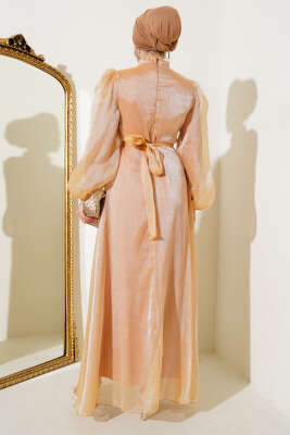 Balon Kol Parlak Abiye Elbise Camel - Tesettür Elbise