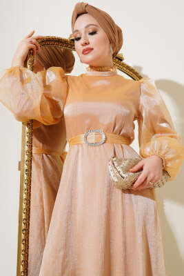 Balon Kol Parlak Abiye Elbise Camel - Tesettür Elbise