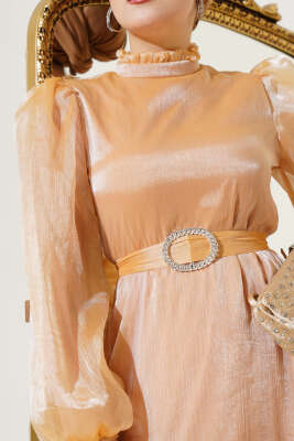 Balon Kol Parlak Abiye Elbise Camel - Tesettür Elbise