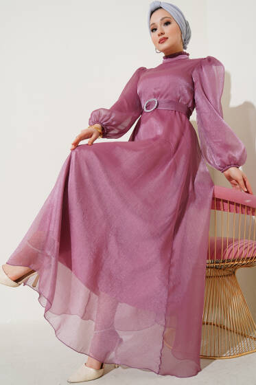 Balon Kol Parlak Abiye Elbise Gül Kurusu - Elbise