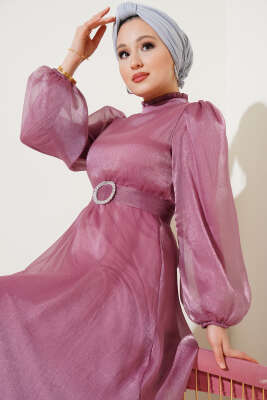 Balon Kol Parlak Abiye Elbise Gül Kurusu - Tesettür Elbise