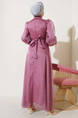 Balon Kol Parlak Abiye Elbise Gül Kurusu - Tesettür Elbise