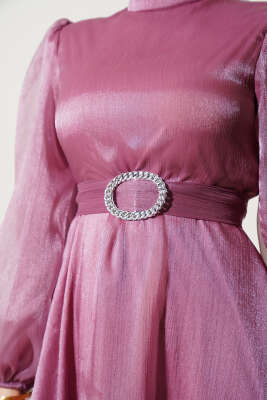 Balon Kol Parlak Abiye Elbise Gül Kurusu - Tesettür Elbise