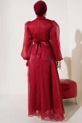 Balon Kol Parlak Abiye Elbise Kırmızı - Tesettür Elbise