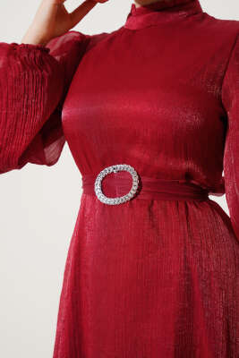 Balon Kol Parlak Abiye Elbise Kırmızı - Tesettür Elbise