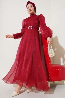 Balon Kol Parlak Abiye Elbise Kırmızı - Tesettür Elbise