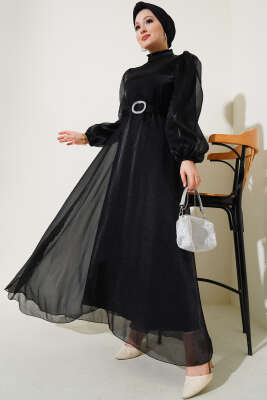 Balon Kol Parlak Abiye Elbise Siyah - Tesettür Elbise