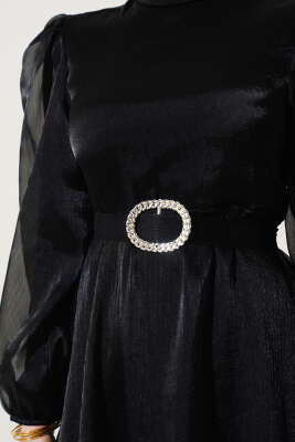 Balon Kol Parlak Abiye Elbise Siyah - Tesettür Elbise